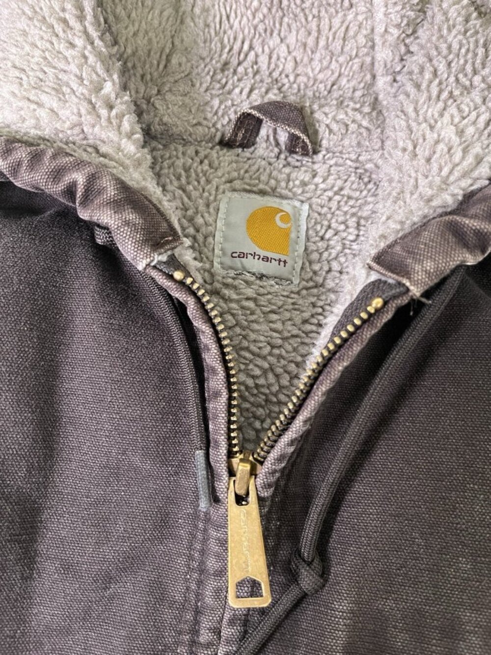 Vintage Carhartt Sherpa Lined Hooded Duck Canvas Work Jacket Brown Women’s Small - Picture 6 of 8